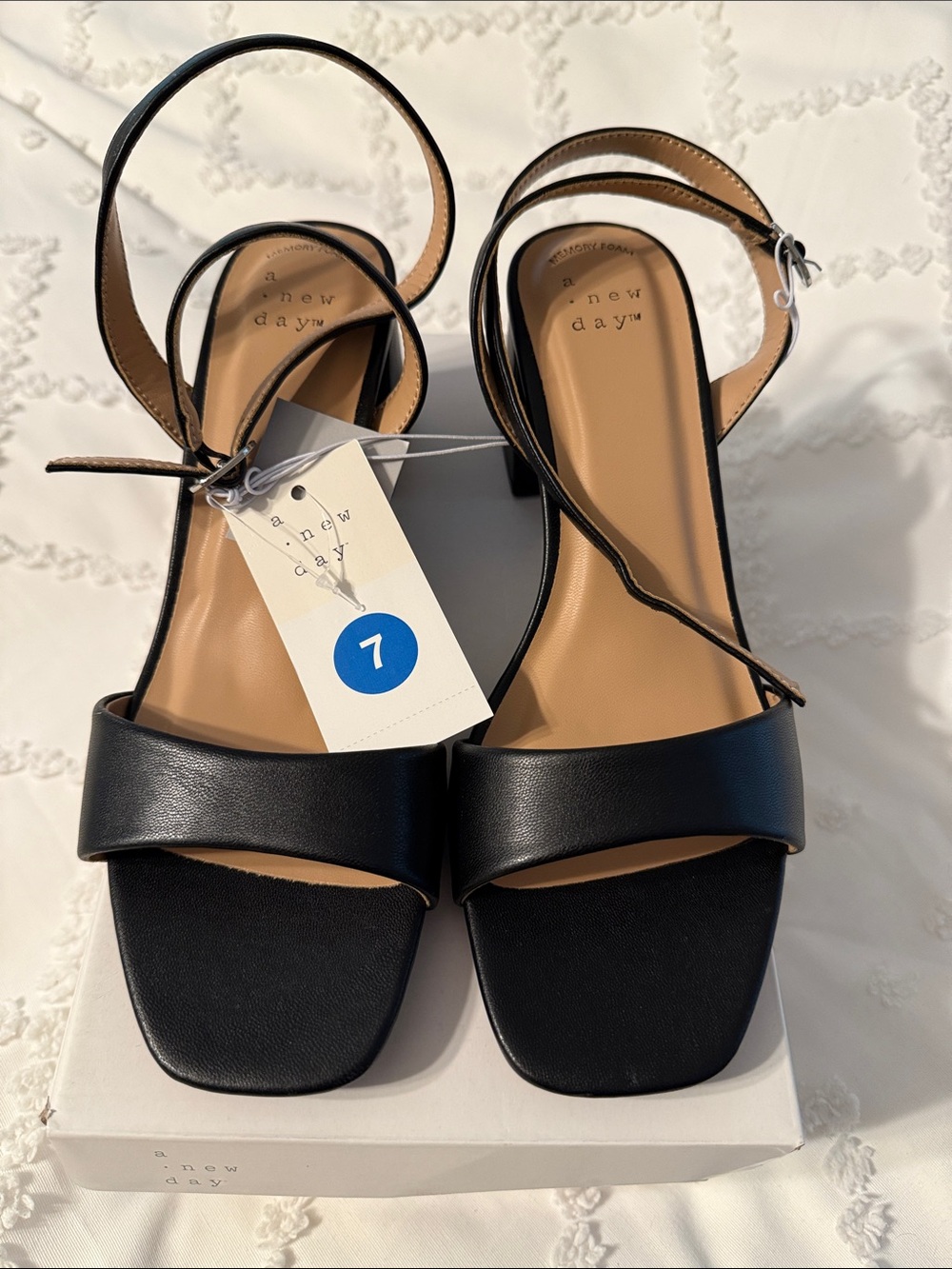 a new day Black Leather Square-Toe Ankle-Strap Block Heels